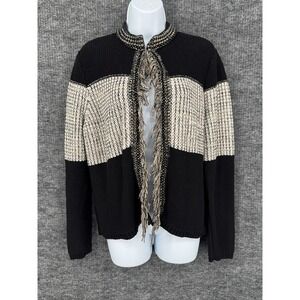 Chicos Cardigan Sweater Womens Large 2 Black Striped Fringe Open Chunky Knit